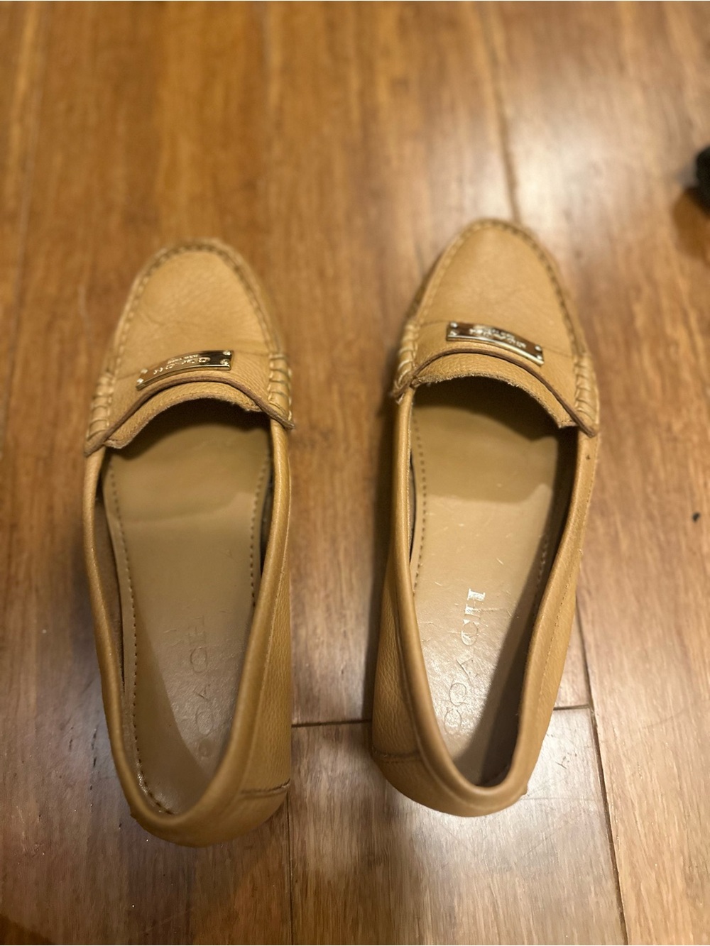 Coach Tan Leather Penny Loafers with Metal Plaque